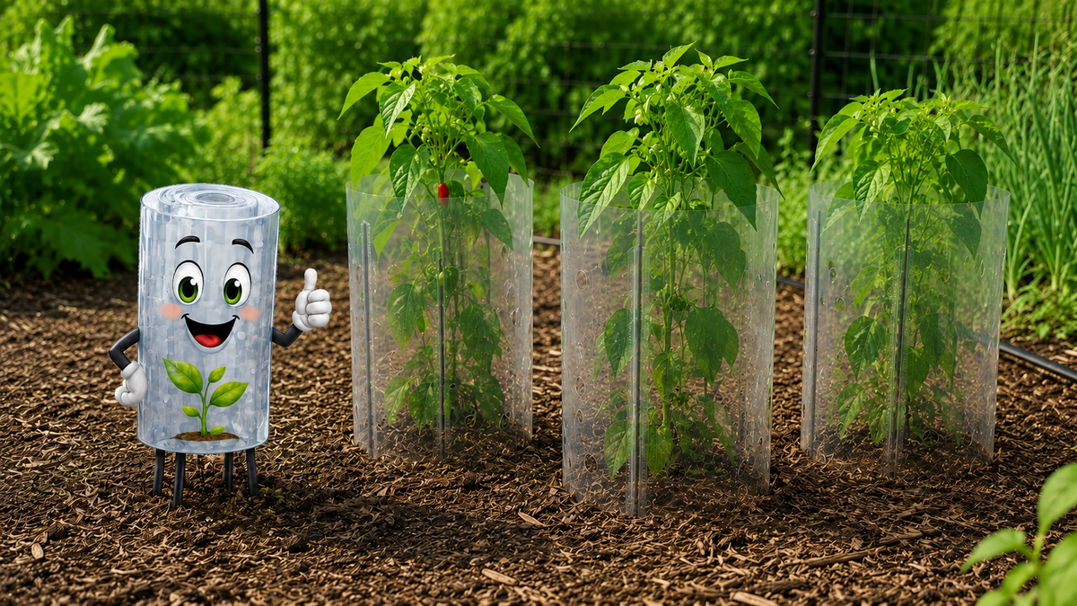 Young garden plants protected by clear Plucky Garden Roll plant protectors with "Plucky" the Garden Roll mascot