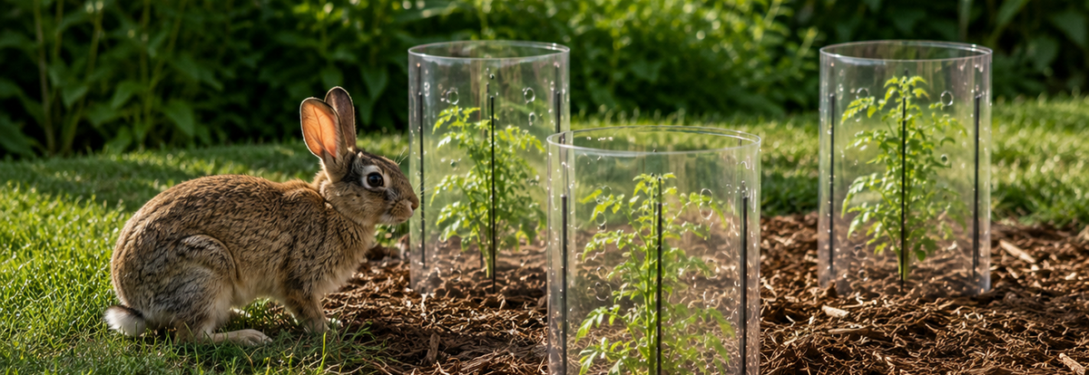 Young garden plants protected from rabbits by clear plant protectors