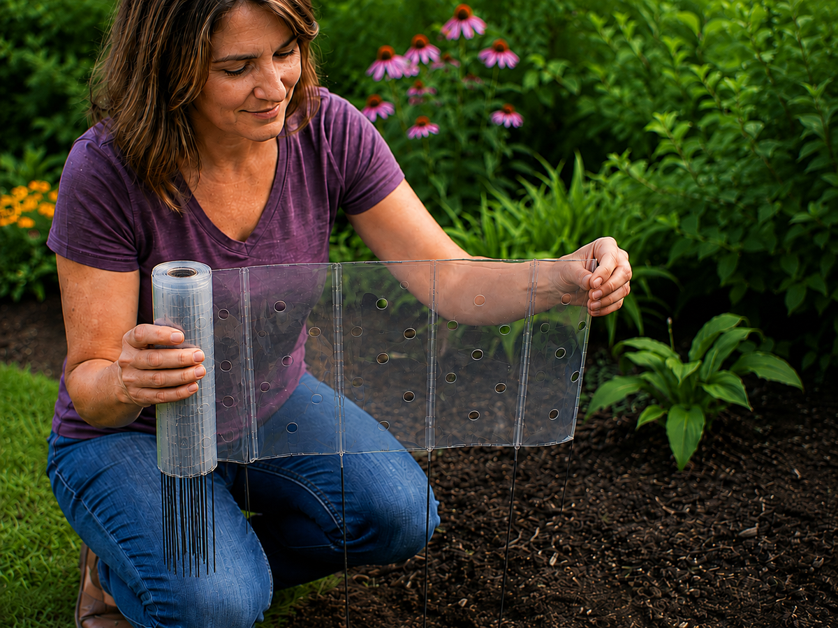 Gardener unrolling Plucky Garden Roll plant protectors for young plants.